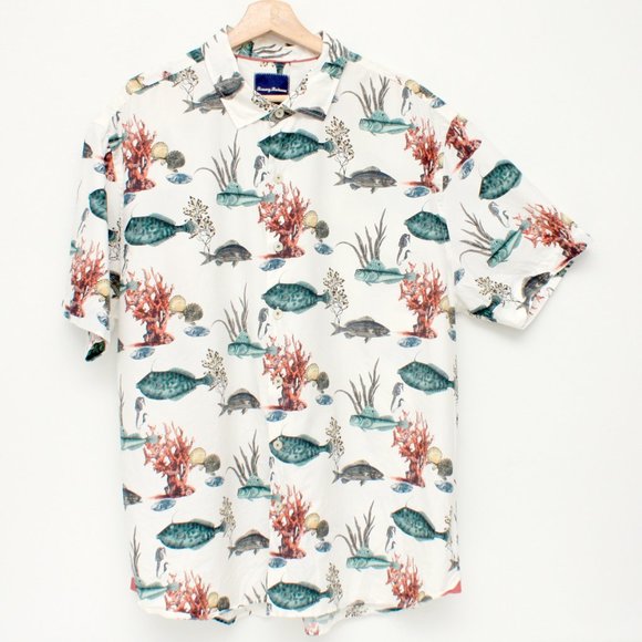 Tommy Bahama Men's Fish Print Cotton Silk Blend Button Shirt White XLTG SS - Picture 3 of 6